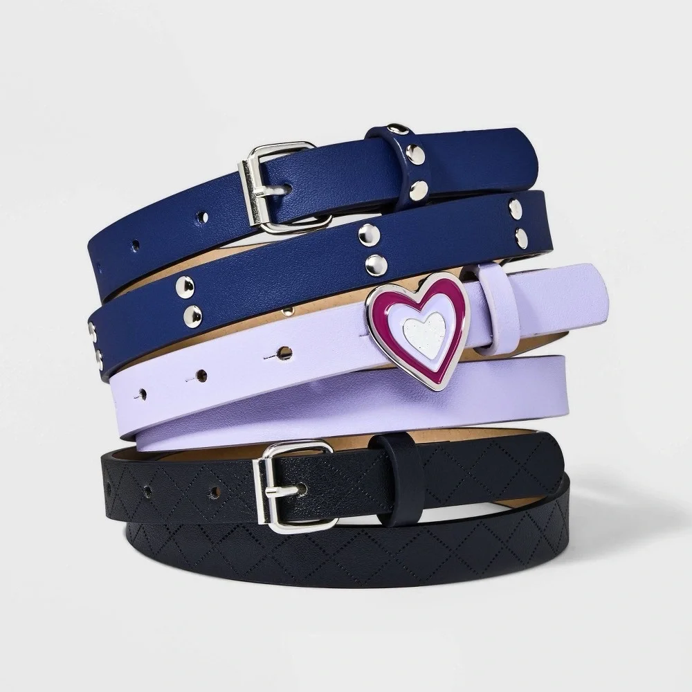 3pk Heart Buckle Studded Embossed Belt Set - Cat & Jack™ Blue/Purple/Black L